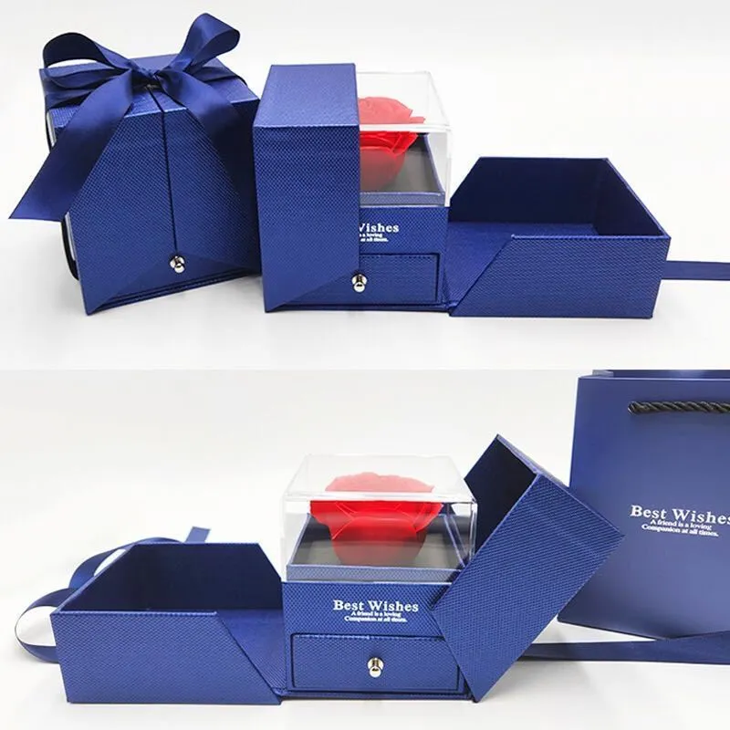 Valentine's Day jewellery gift box with plastic eternal rose centrepiece in blue, green, grey, or pink colours