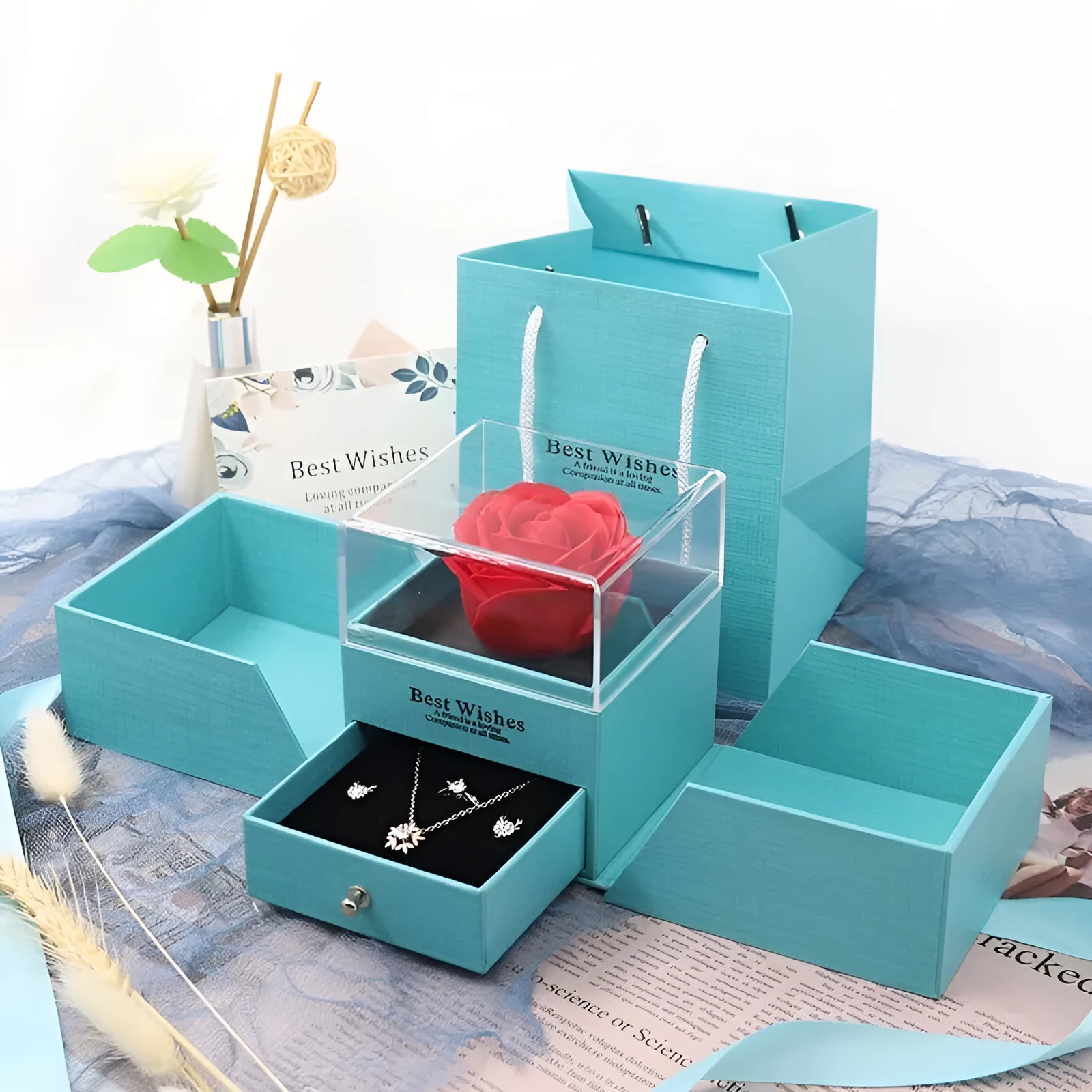 Valentine's Day jewellery gift box with plastic eternal rose centrepiece in blue, green, grey, or pink colours