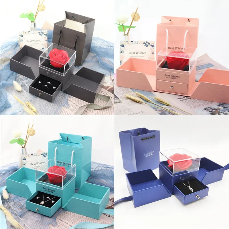 Valentine's Day jewellery gift box with plastic eternal rose centrepiece in blue, green, grey, or pink colours