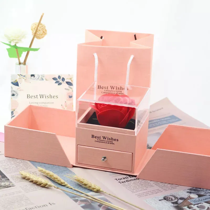 Valentine's Day jewellery gift box with plastic eternal rose centrepiece in blue, green, grey, or pink colours