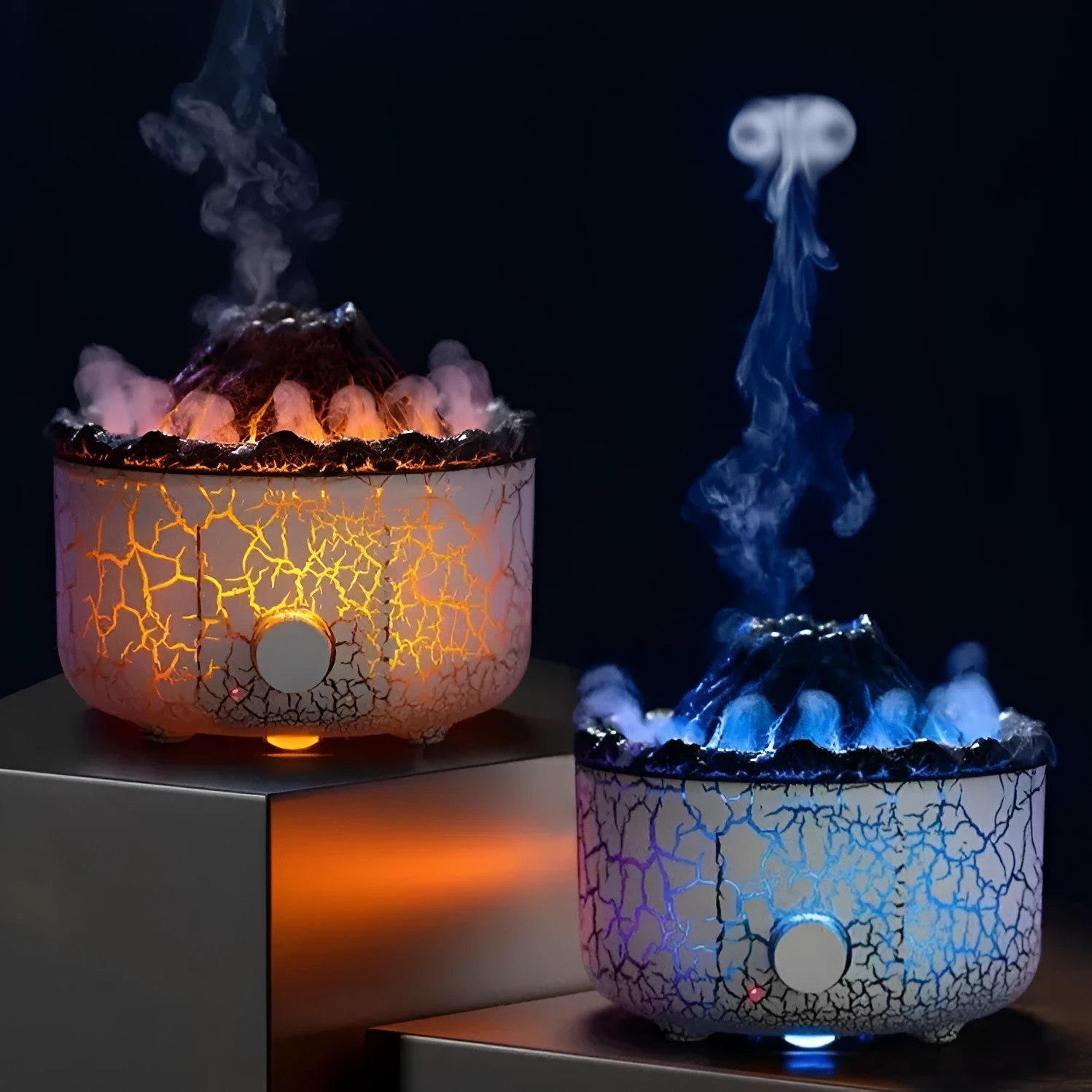 Column-shaped volcano humidifier emitting mist with colourful LED lights and remote control