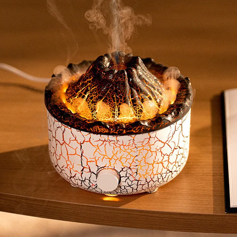 Column-shaped volcano humidifier emitting mist with colourful LED lights and remote control