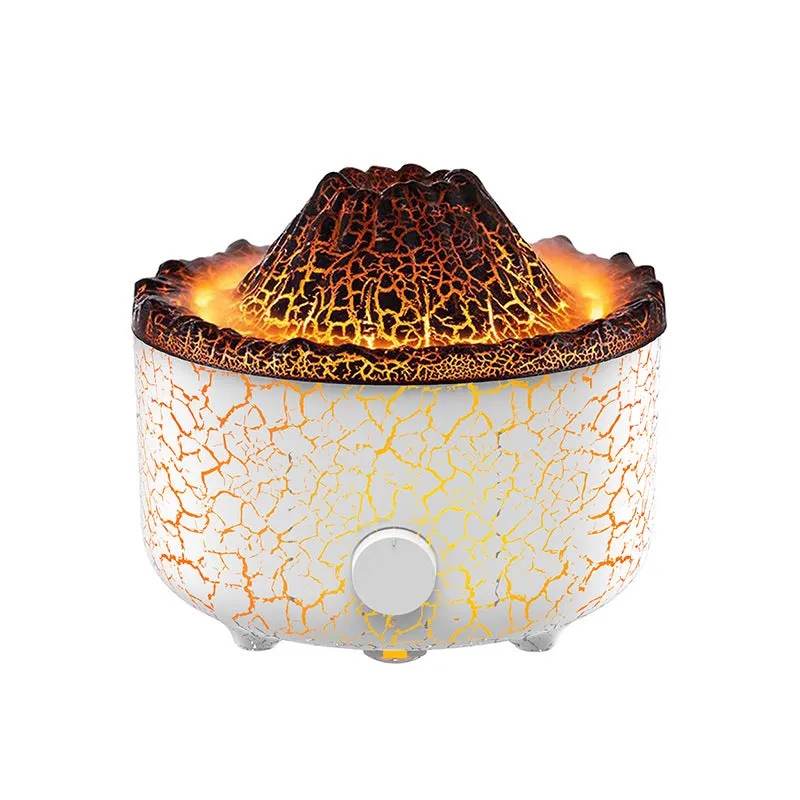 Column-shaped volcano humidifier emitting mist with colourful LED lights and remote control