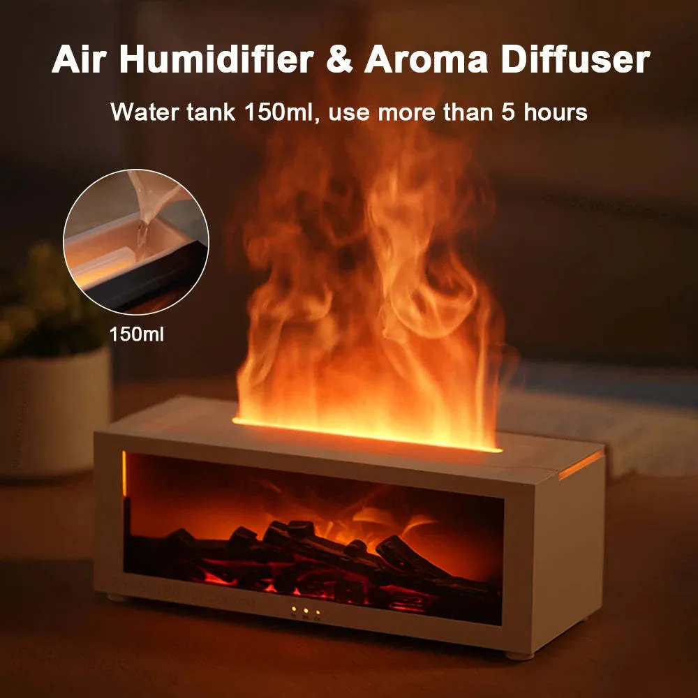 Square flame aromatherapy diffuser with 3D flame effect and colourful base lighting on desktop