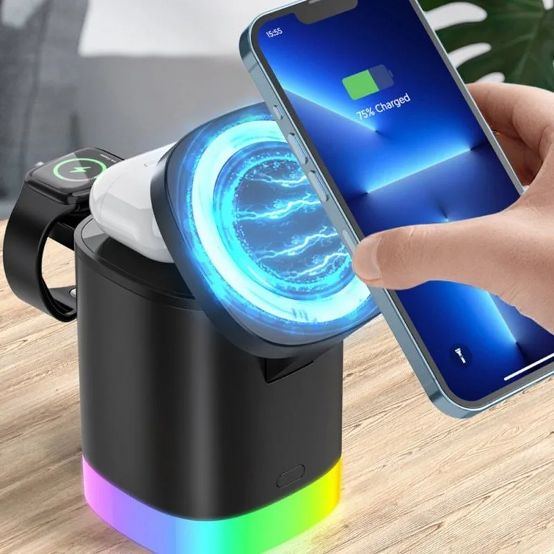 Black foldable 3-in-1 magnetic wireless charging station showing phone, watch and earbuds charging with RGB light on.