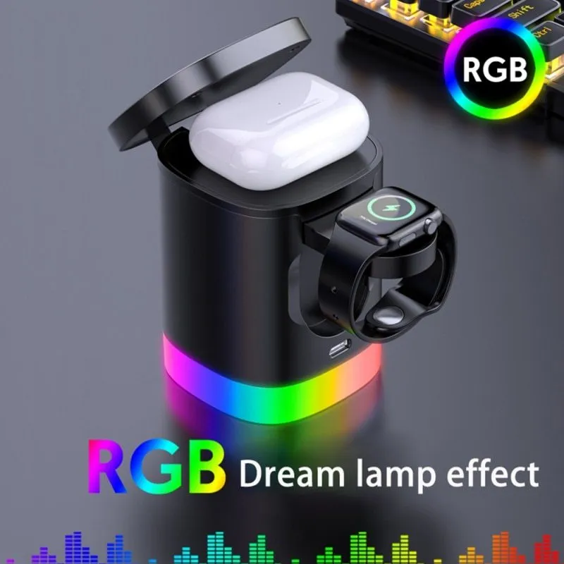 Black foldable 3-in-1 magnetic wireless charging station showing phone, watch and earbuds charging with RGB light on.