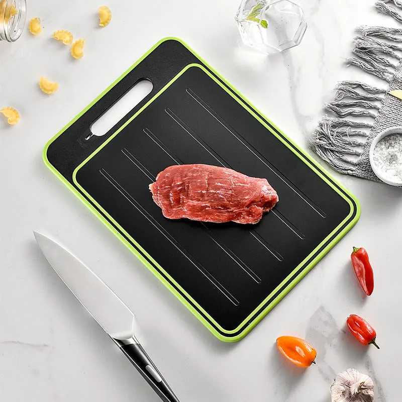 Grey square aluminium cutting board with integrated knife sharpener and grinding teeth