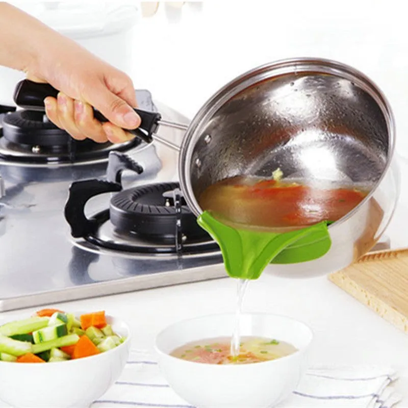Green silicone kitchen funnel with curved design for round pots