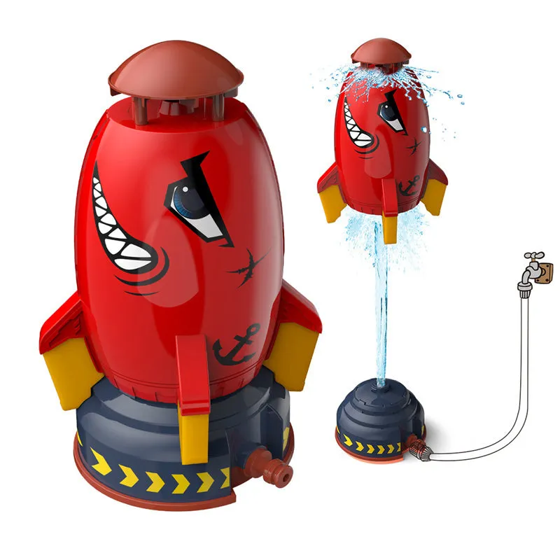 Yellow water pressure rocket launcher toy with base and interface connectors for outdoor garden play