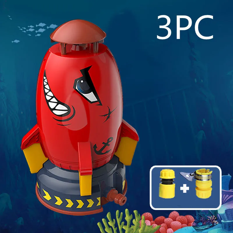 Yellow water pressure rocket launcher toy with base and interface connectors for outdoor garden play
