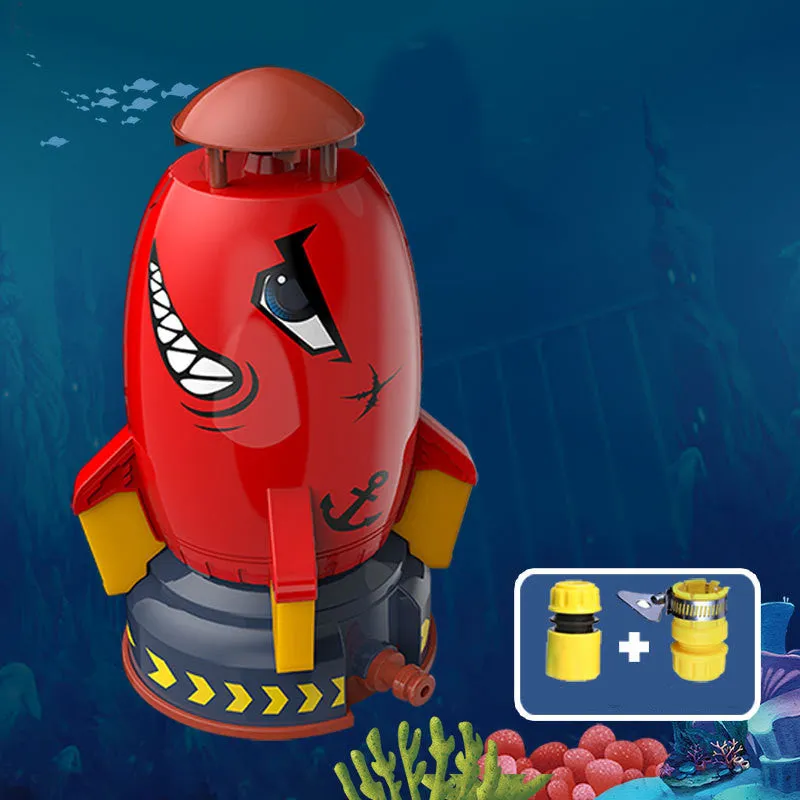 Yellow water pressure rocket launcher toy with base and interface connectors for outdoor garden play