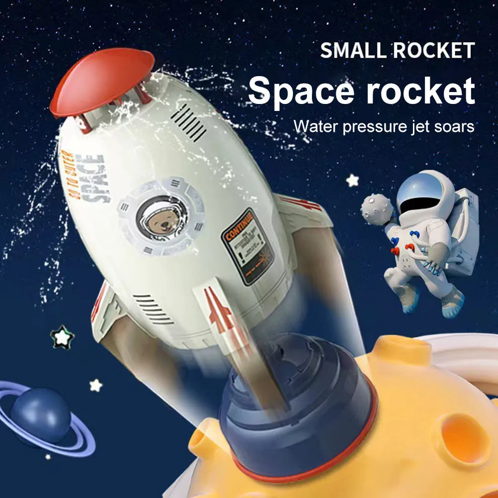Yellow water pressure rocket launcher toy with base and interface connectors for outdoor garden play