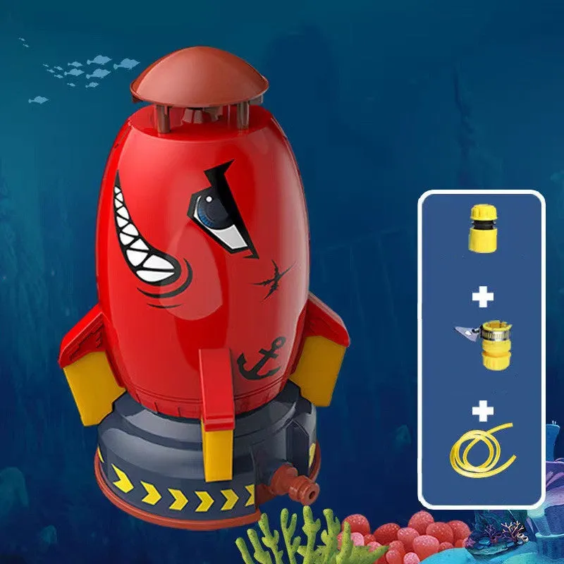 Yellow water pressure rocket launcher toy with base and interface connectors for outdoor garden play