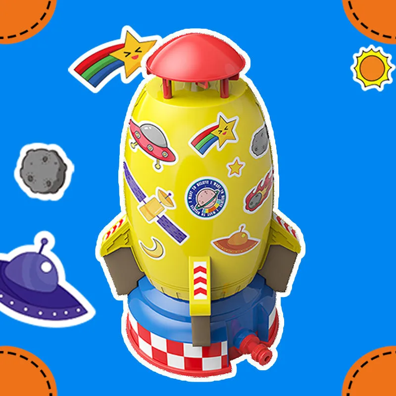 Yellow water pressure rocket launcher toy with base and interface connectors for outdoor garden play