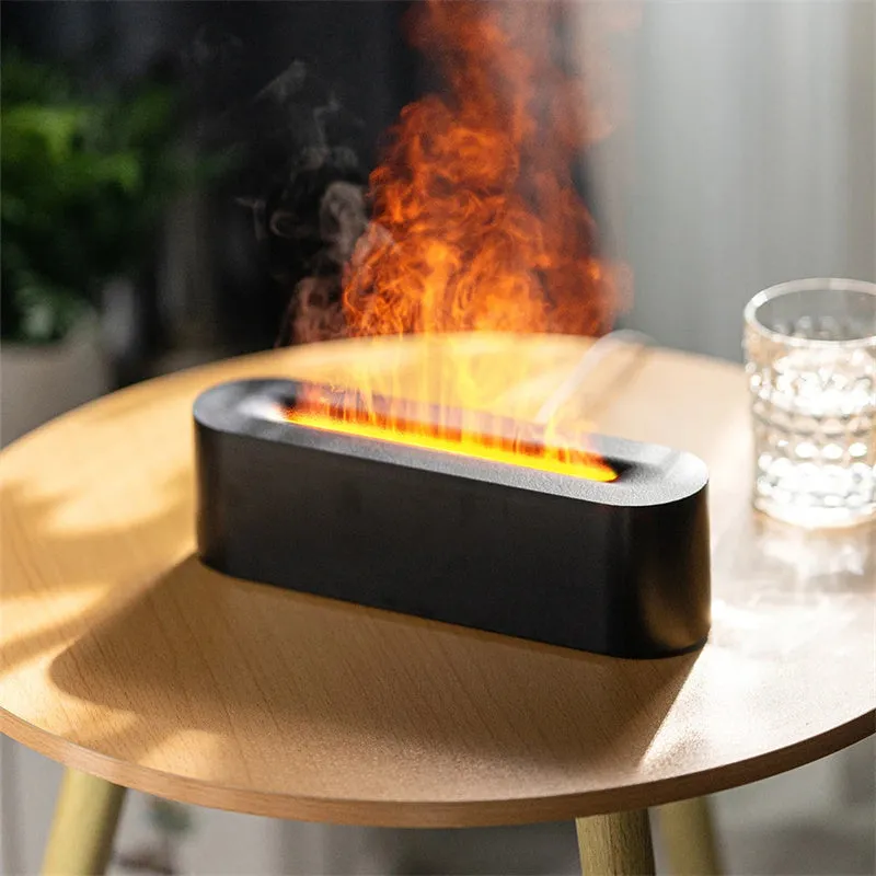 White square DQ709 ultrasonic aroma diffuser with LED flame light effect and cool mist vapour.