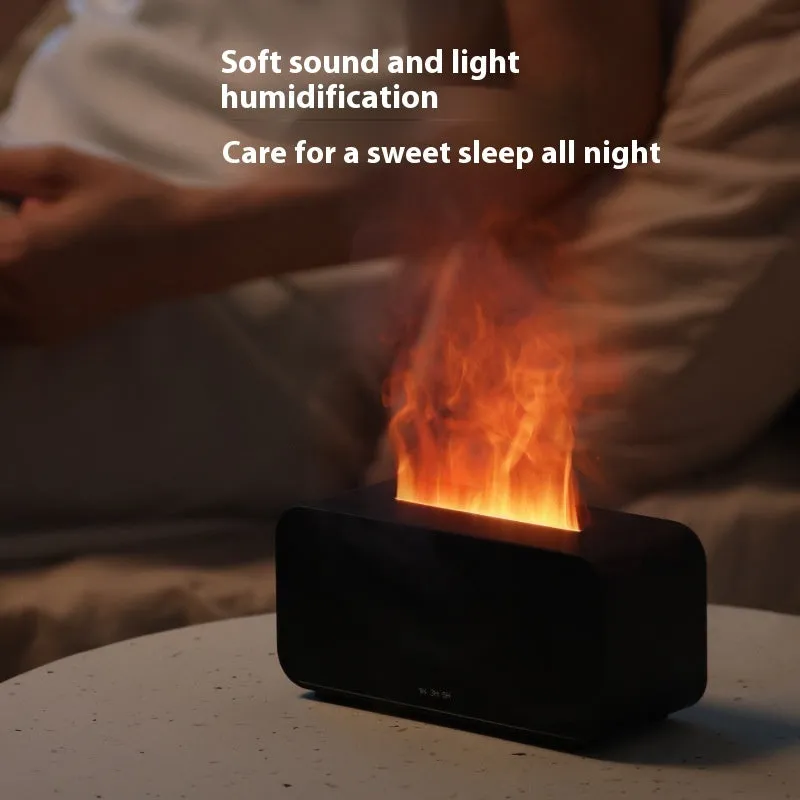 White USB aroma diffuser with simulated flame lighting effect on wooden surface