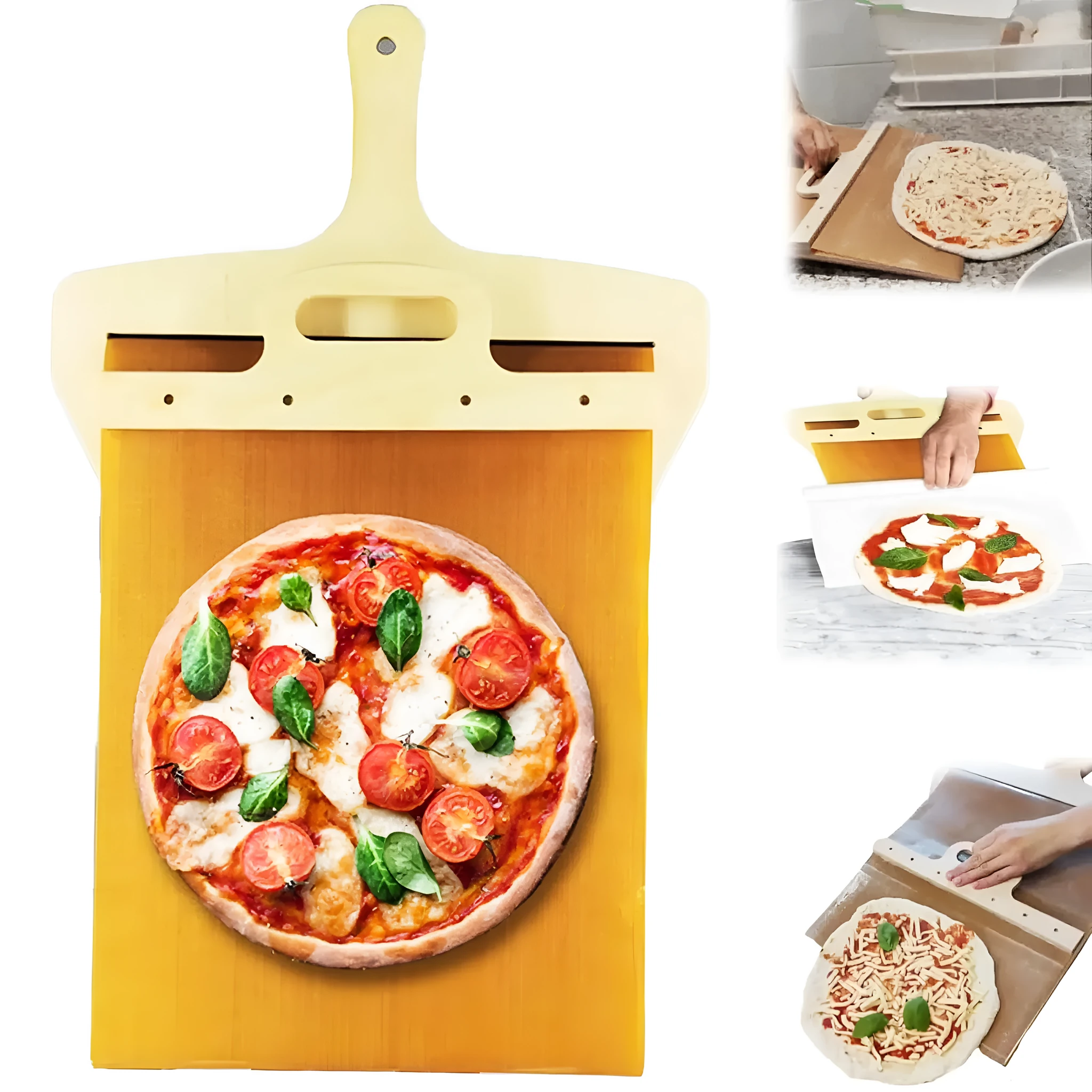 Wooden pizza transfer shovel with cutting board surface and hanging hole