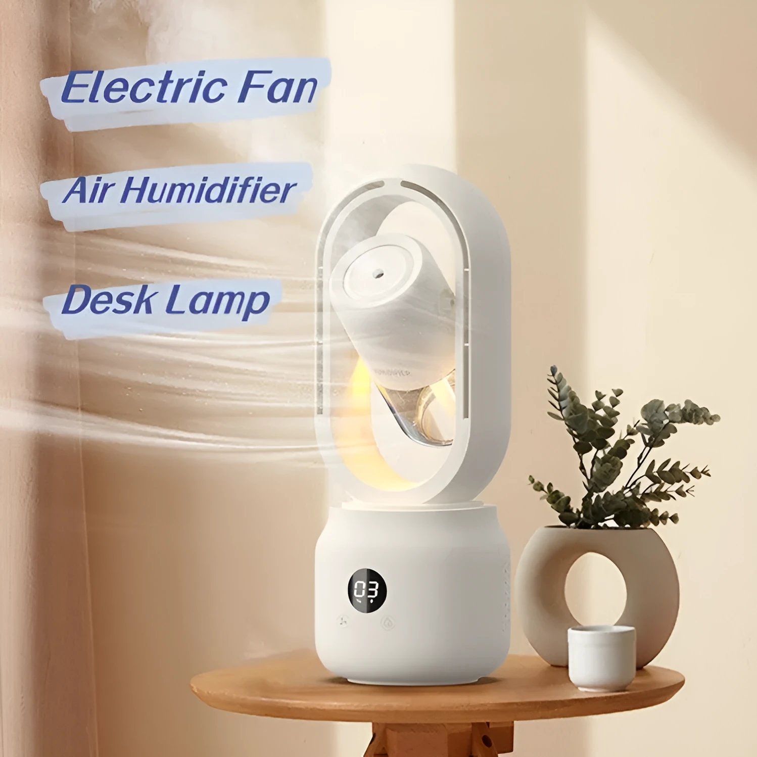 White bladeless table fan with water tank humidifier and digital control panel.