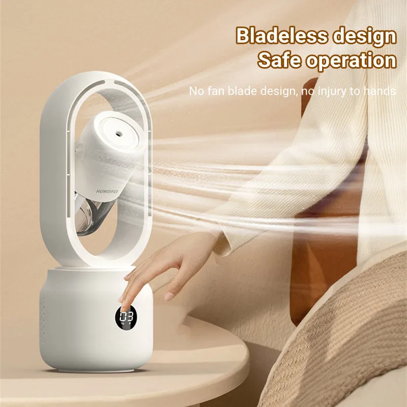 White bladeless table fan with water tank humidifier and digital control panel.