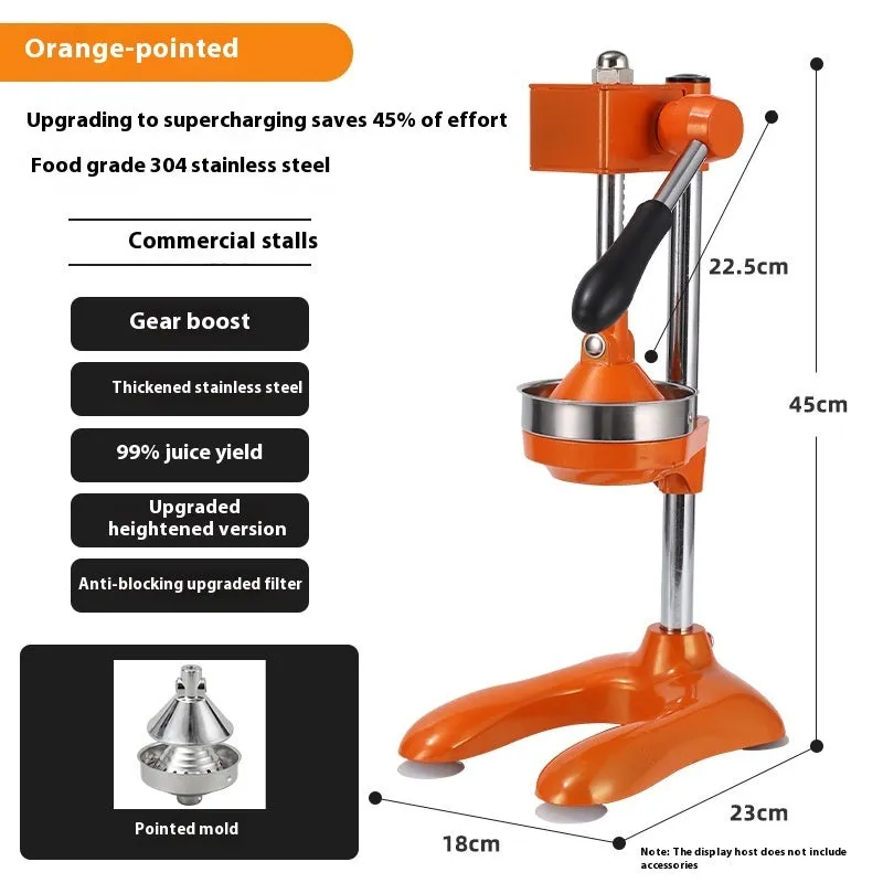 Vertical stainless steel manual juicer with zinc alloy handle in multiple colour and tip style combinations