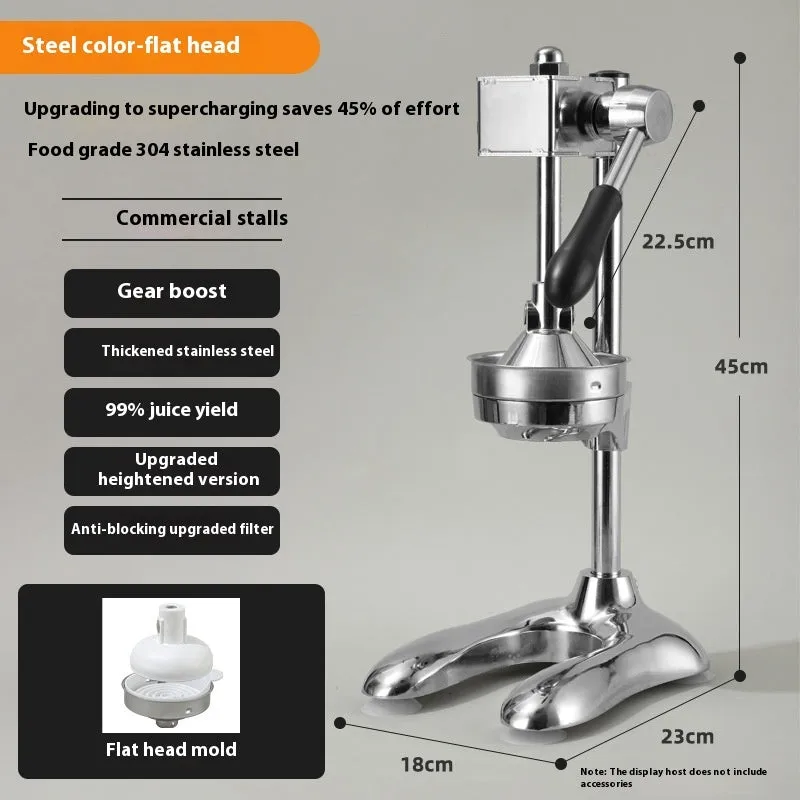 Vertical stainless steel manual juicer with zinc alloy handle in multiple colour and tip style combinations