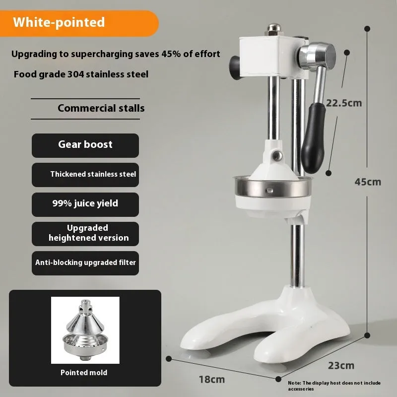 Vertical stainless steel manual juicer with zinc alloy handle in multiple colour and tip style combinations