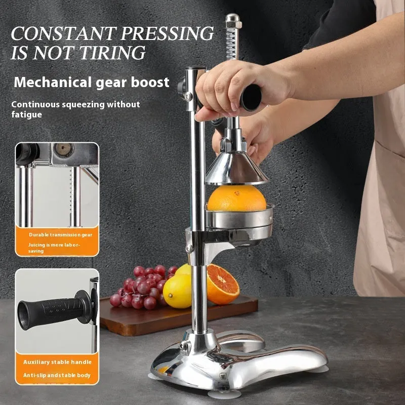 Vertical stainless steel manual juicer with zinc alloy handle in multiple colour and tip style combinations