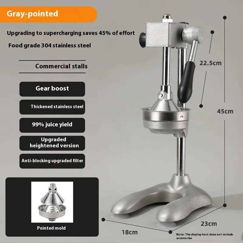 Vertical stainless steel manual juicer with zinc alloy handle in multiple colour and tip style combinations
