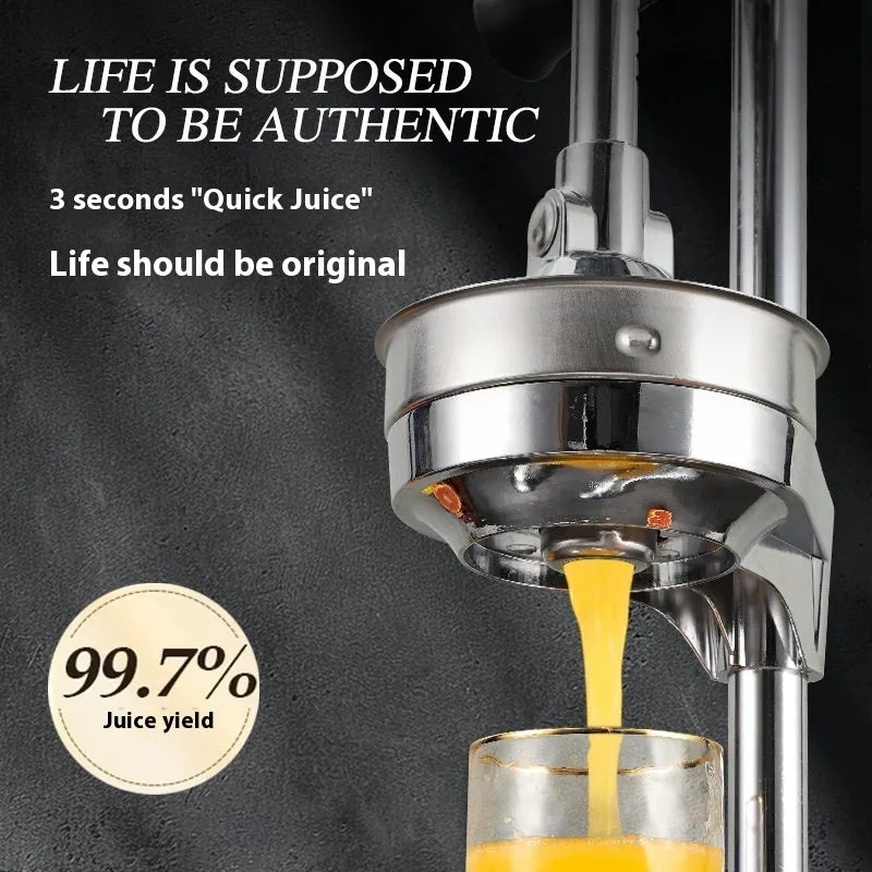 Vertical stainless steel manual juicer with zinc alloy handle in multiple colour and tip style combinations