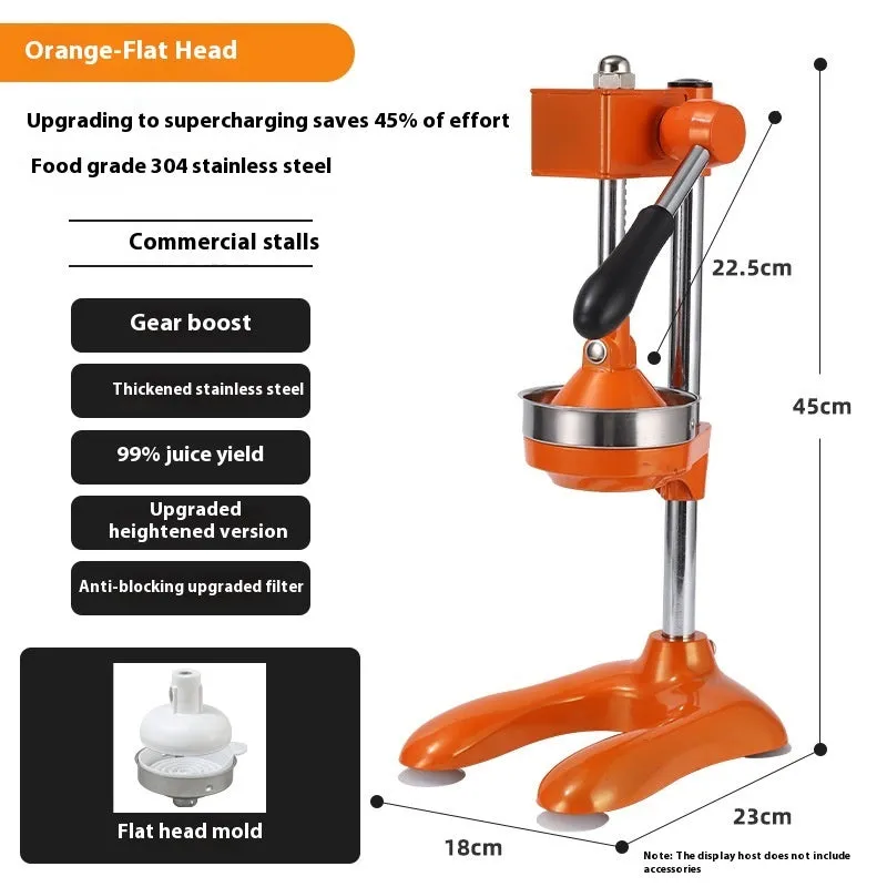 Vertical stainless steel manual juicer with zinc alloy handle in multiple colour and tip style combinations