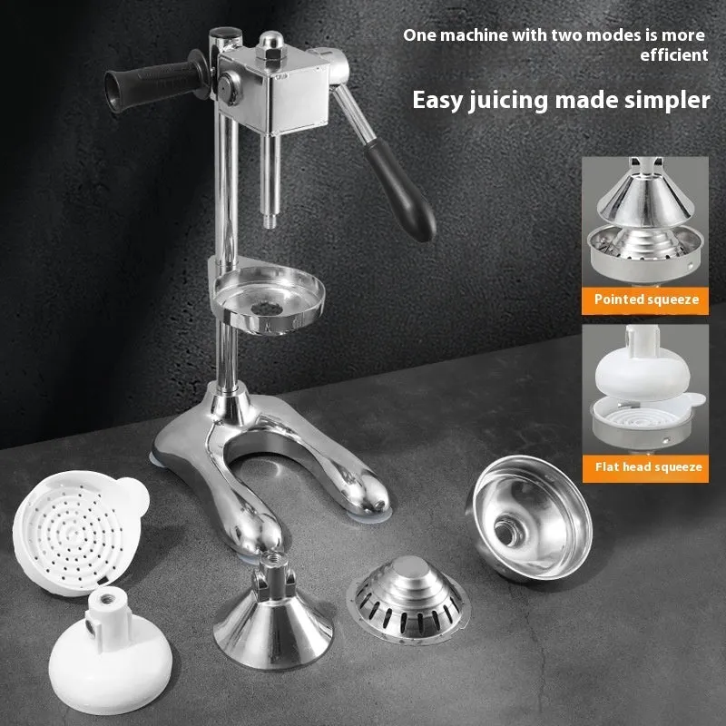 Vertical stainless steel manual juicer with zinc alloy handle in multiple colour and tip style combinations