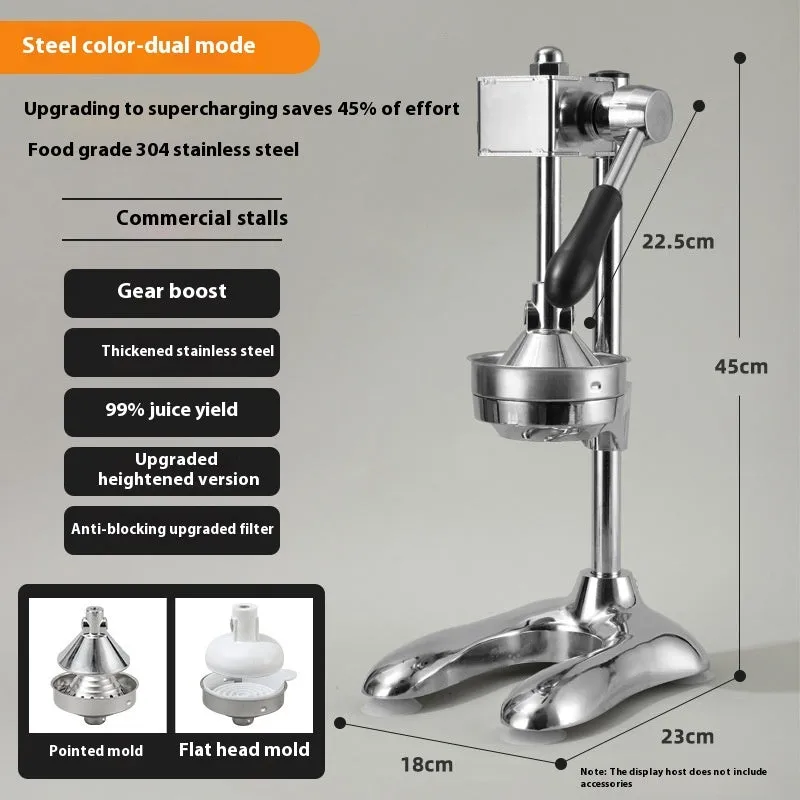 Vertical stainless steel manual juicer with zinc alloy handle in multiple colour and tip style combinations