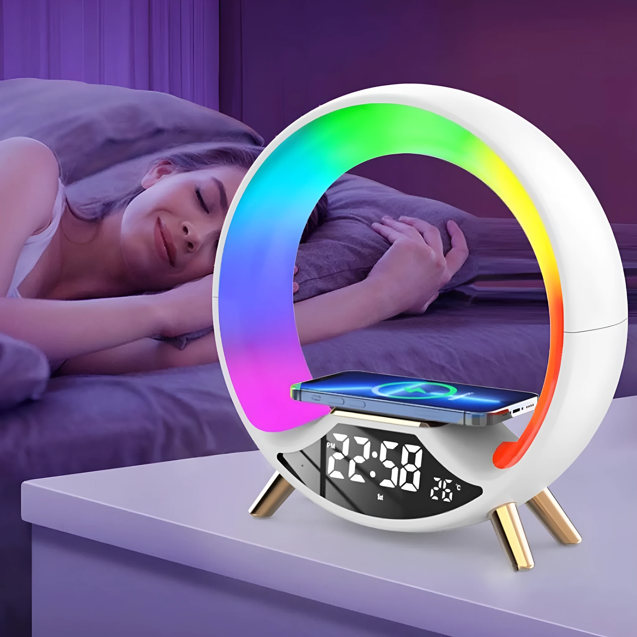LED Colourful Music Atmosphere Clock in black, a wireless charging night light with Bluetooth speaker and digital display.