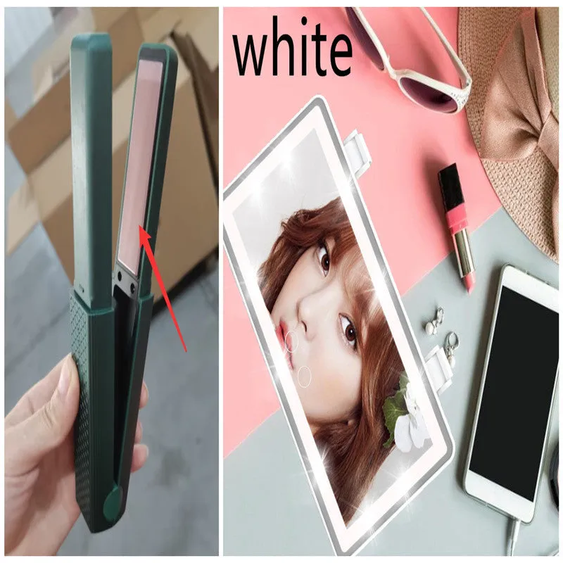 Pink and green cordless USB ceramic hair straightener and curler with compact design