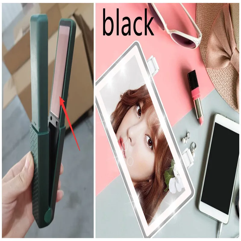 Pink and green cordless USB ceramic hair straightener and curler with compact design