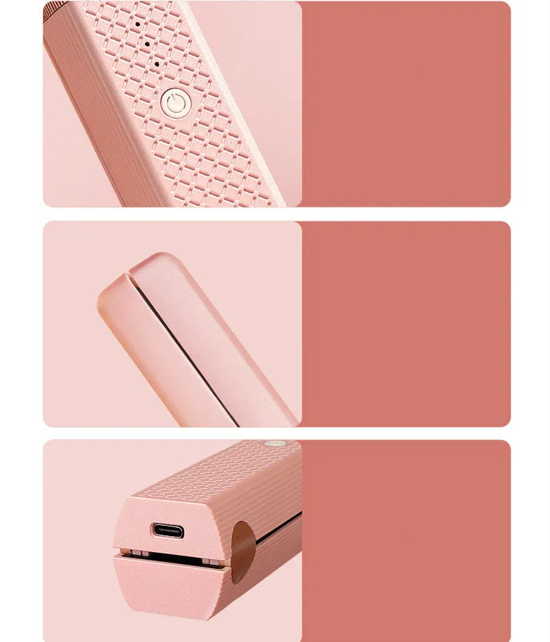 Pink and green cordless USB ceramic hair straightener and curler with compact design