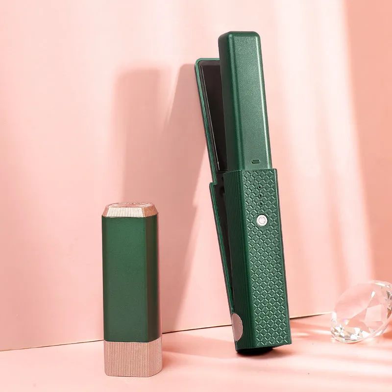 Pink and green cordless USB ceramic hair straightener and curler with compact design