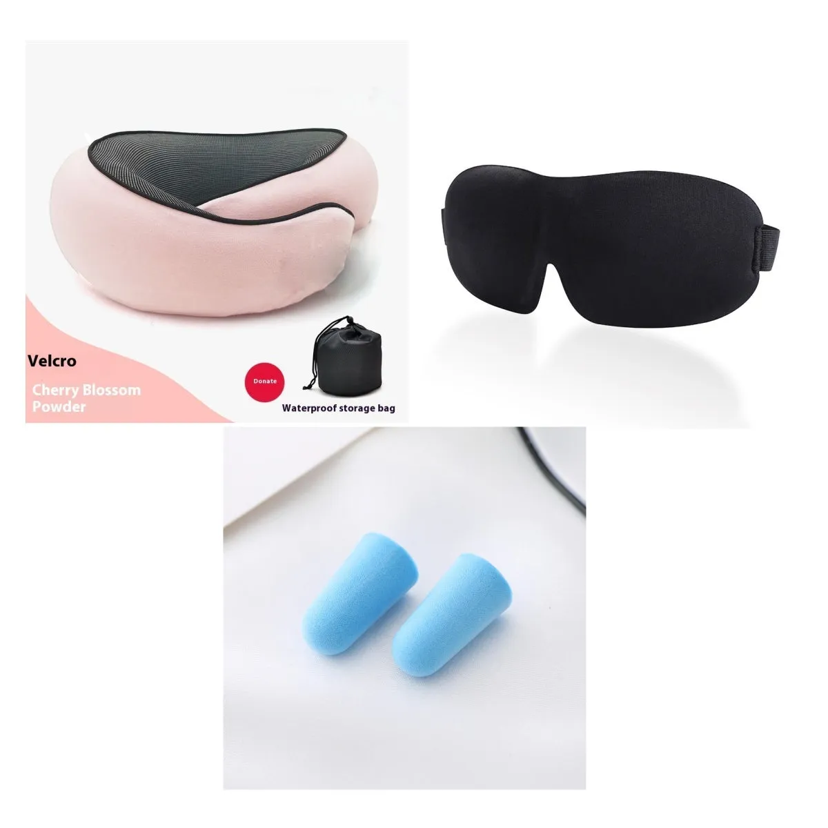 Navy blue U-shaped memory foam travel neck pillow rolled up next to its carry bag.