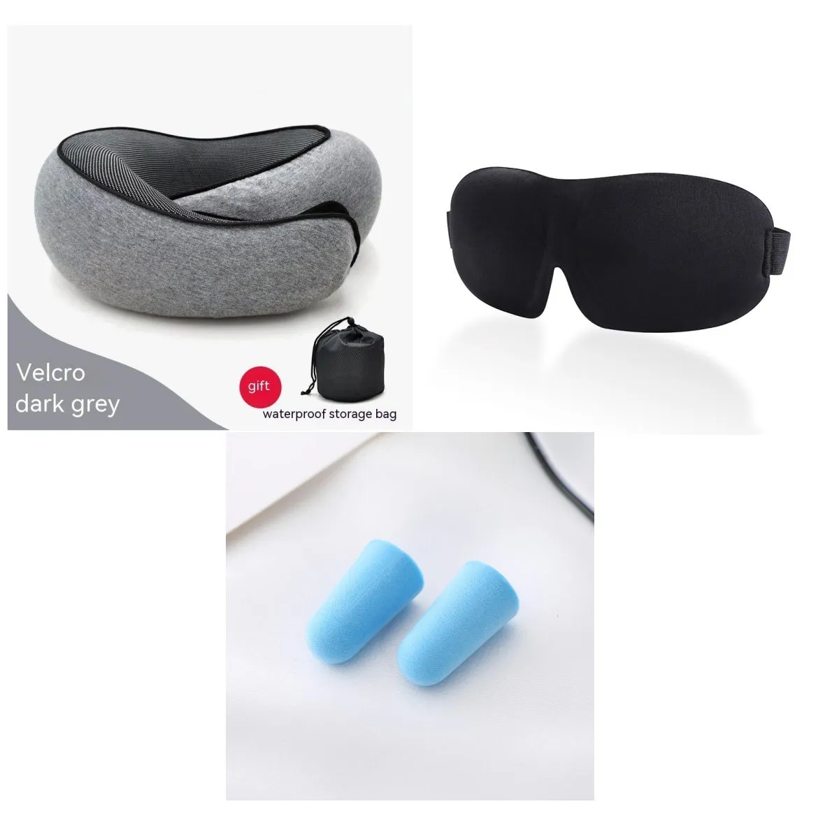 Navy blue U-shaped memory foam travel neck pillow rolled up next to its carry bag.