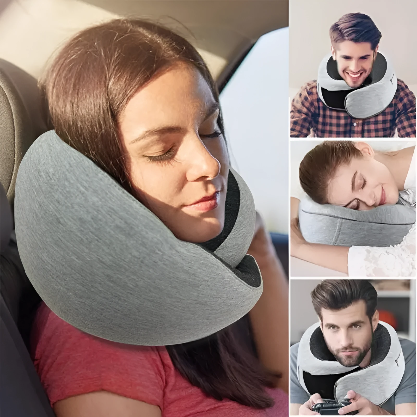 Navy blue U-shaped memory foam travel neck pillow rolled up next to its carry bag.