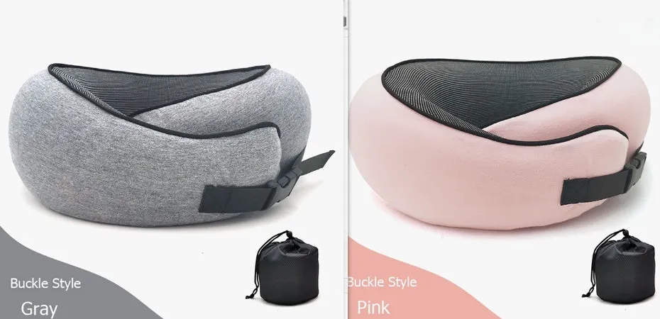 Navy blue U-shaped memory foam travel neck pillow rolled up next to its carry bag.