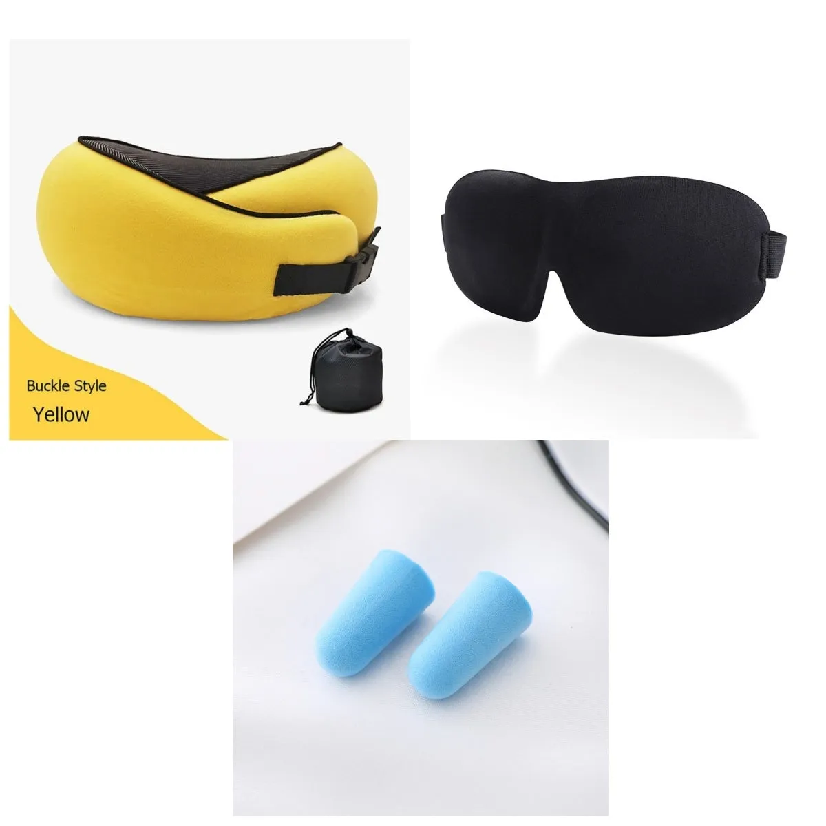 Navy blue U-shaped memory foam travel neck pillow rolled up next to its carry bag.