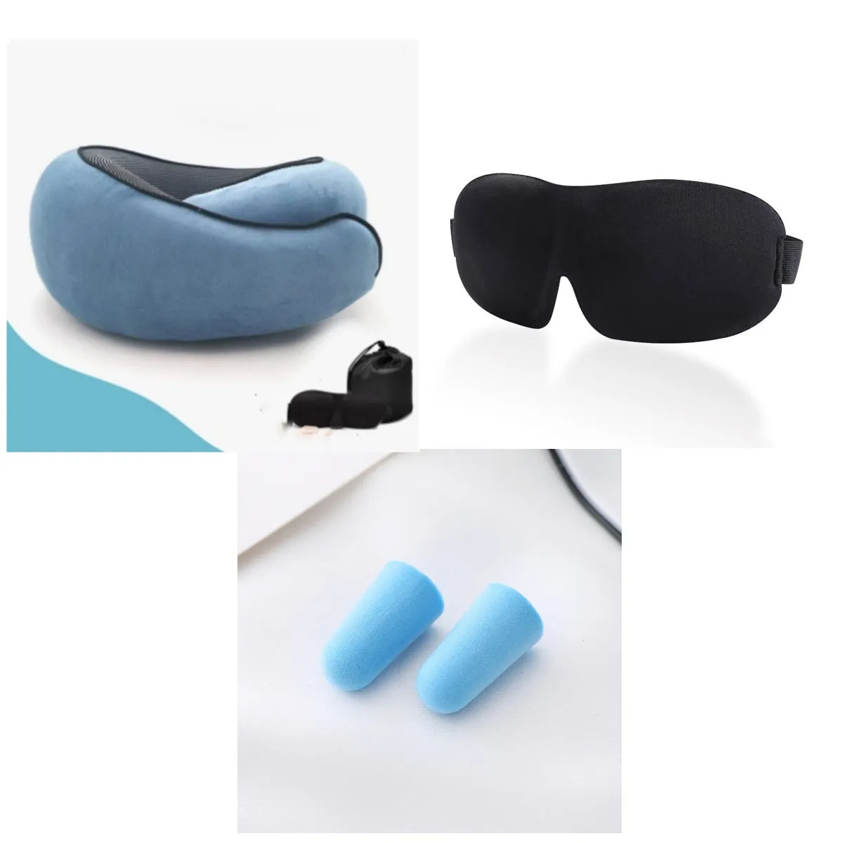 Navy blue U-shaped memory foam travel neck pillow rolled up next to its carry bag.