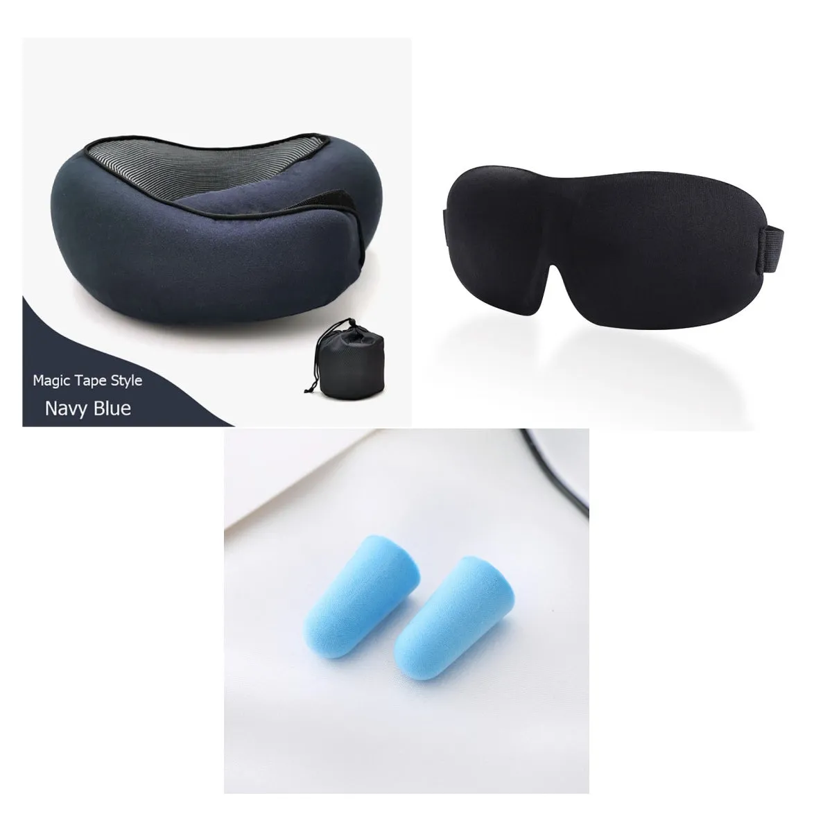Navy blue U-shaped memory foam travel neck pillow rolled up next to its carry bag.