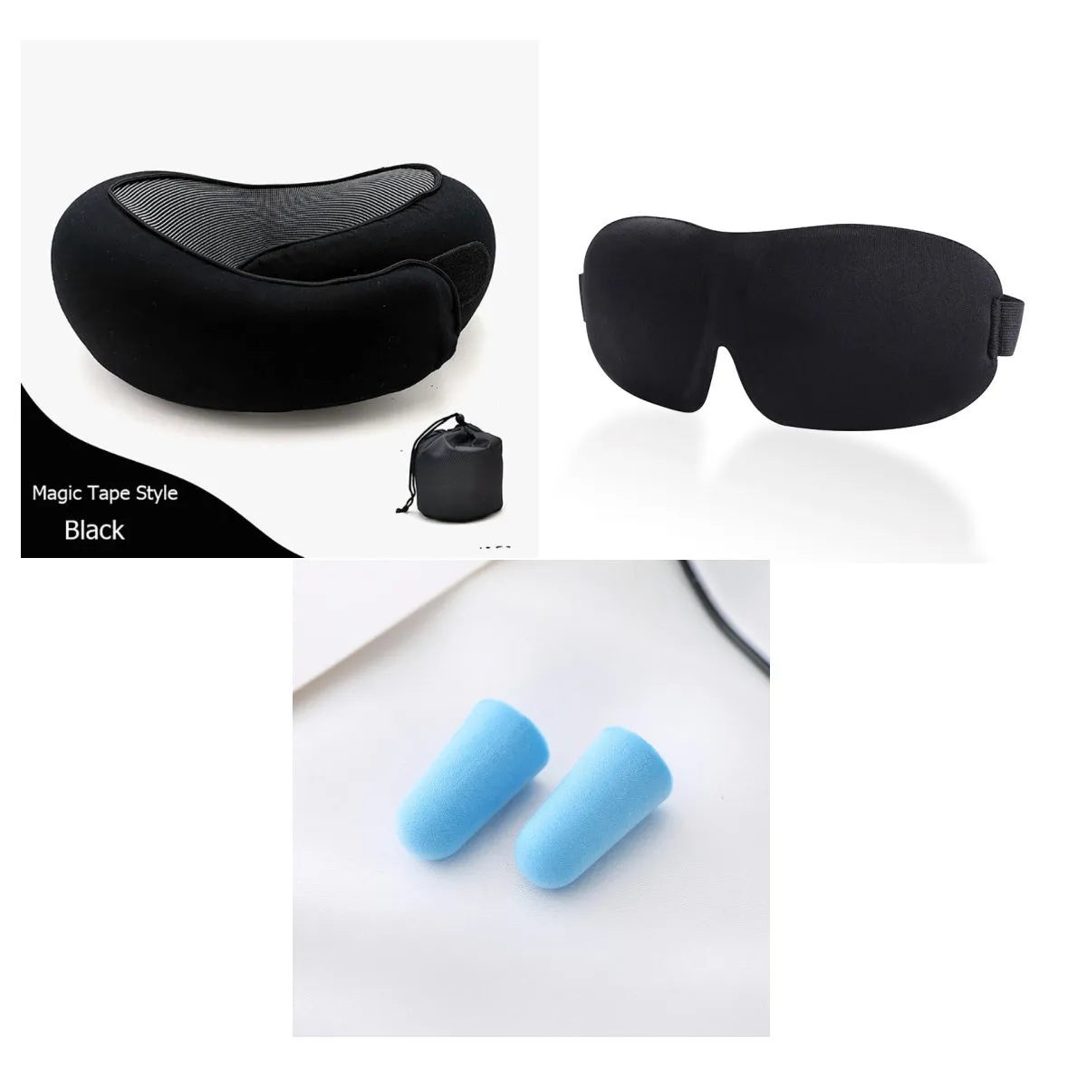 Navy blue U-shaped memory foam travel neck pillow rolled up next to its carry bag.