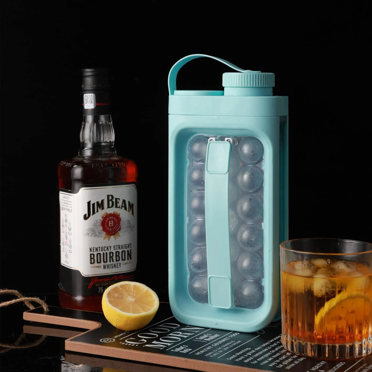 Light blue and white 2-in-1 ice ball maker and cold drink kettle showing 17 ball capacity