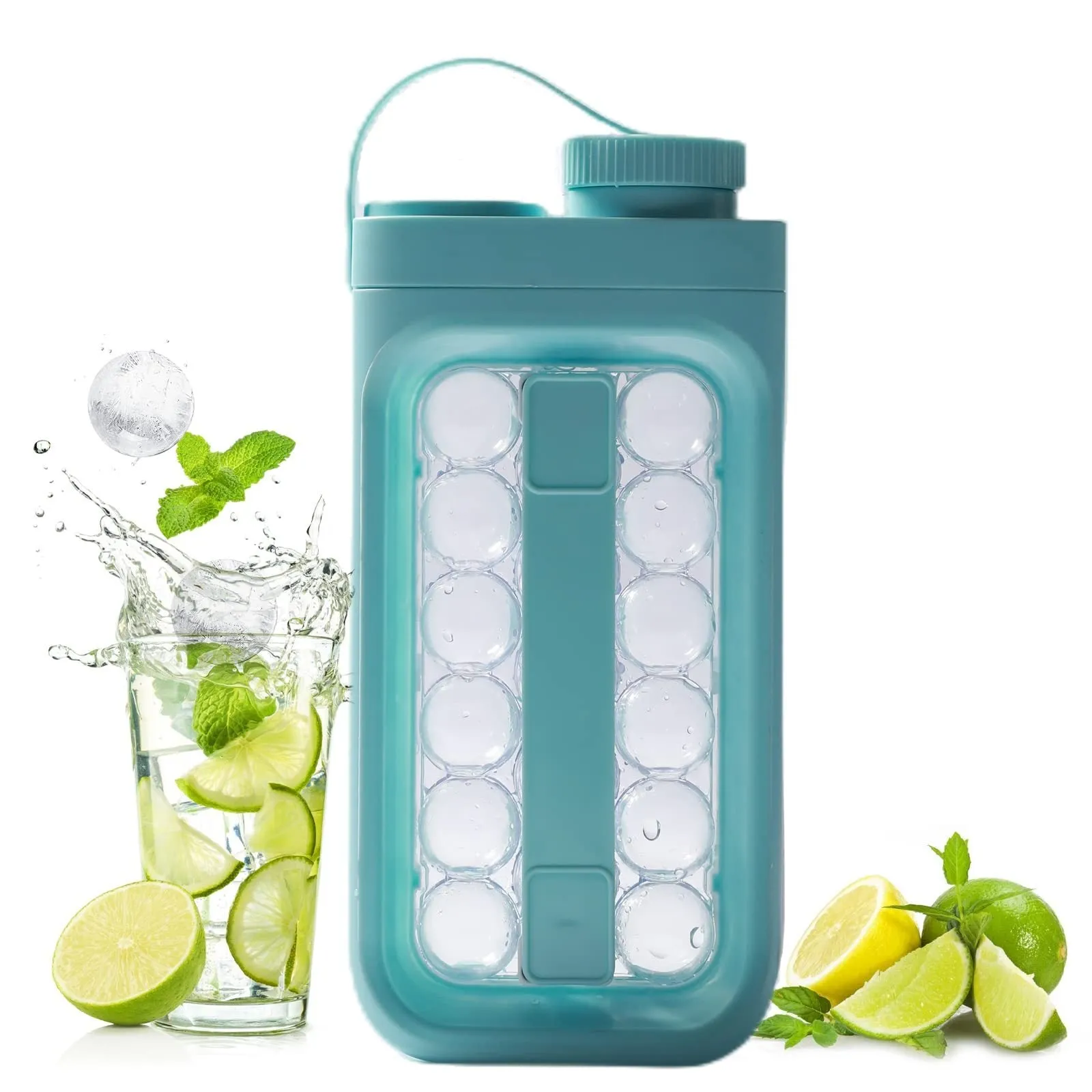 Light blue and white 2-in-1 ice ball maker and cold drink kettle showing 17 ball capacity
