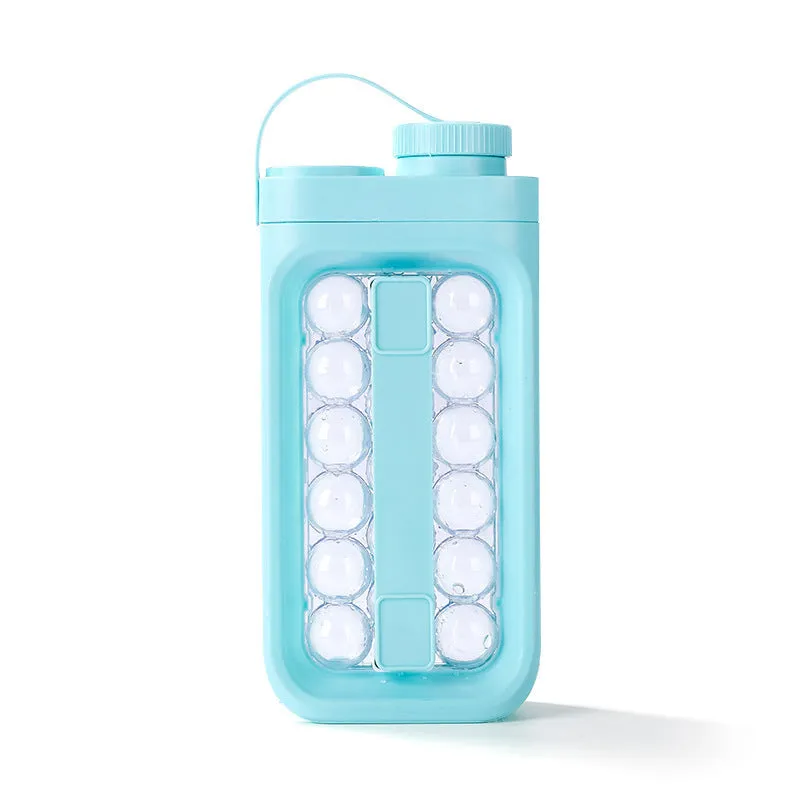 Light blue and white 2-in-1 ice ball maker and cold drink kettle showing 17 ball capacity