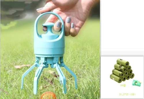 Blue portable dog pooper scooper with built-in bag dispenser and eight-claw shovel.