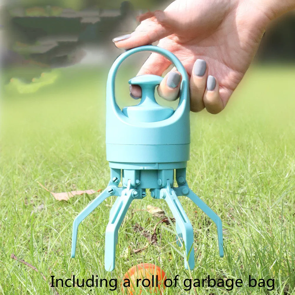 Blue portable dog pooper scooper with built-in bag dispenser and eight-claw shovel.